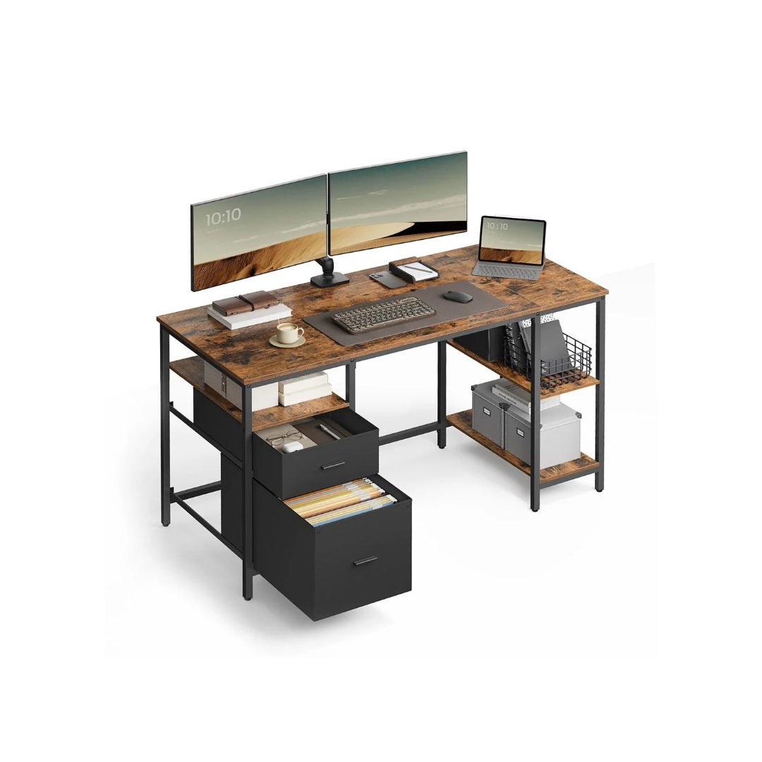 Biurko vintage z szufladami i półkami 140–160 × 60 cm, stalowa rama, płyta wiórowa, styl industrialny, nośność 50 kg