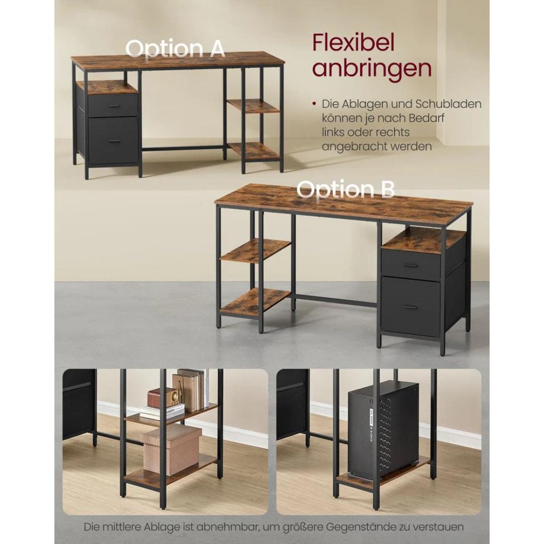 Biurko vintage z szufladami i półkami 140–160 × 60 cm, stalowa rama, płyta wiórowa, styl industrialny, nośność 50 kg