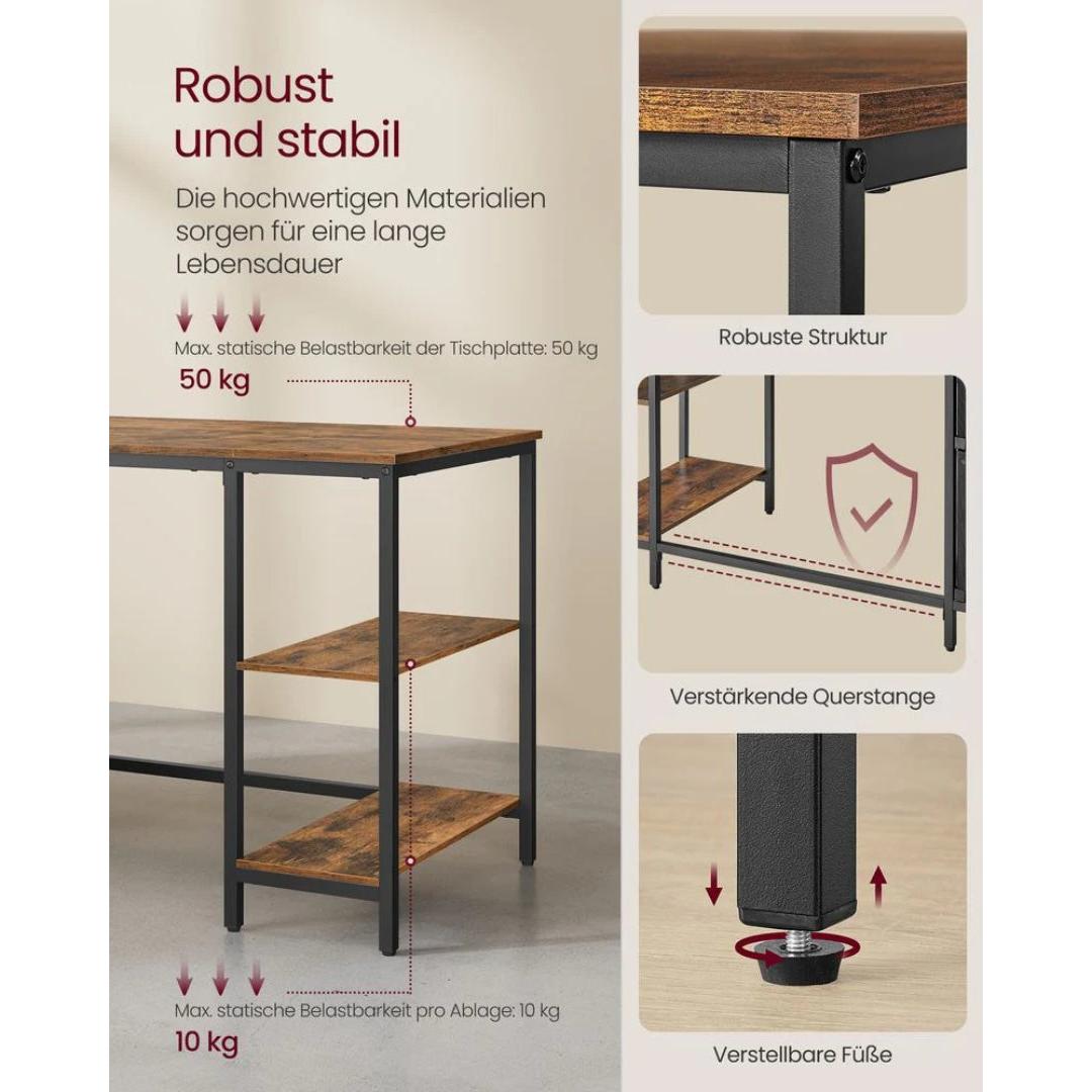 Biurko vintage z szufladami i półkami 140–160 × 60 cm, stalowa rama, płyta wiórowa, styl industrialny, nośność 50 kg