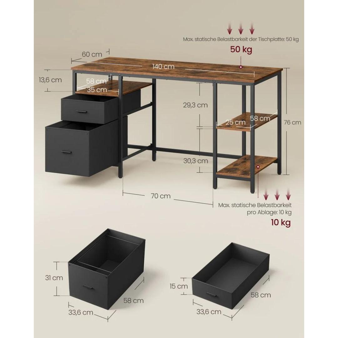 Biurko vintage z szufladami i półkami 140–160 × 60 cm, stalowa rama, płyta wiórowa, styl industrialny, nośność 50 kg
