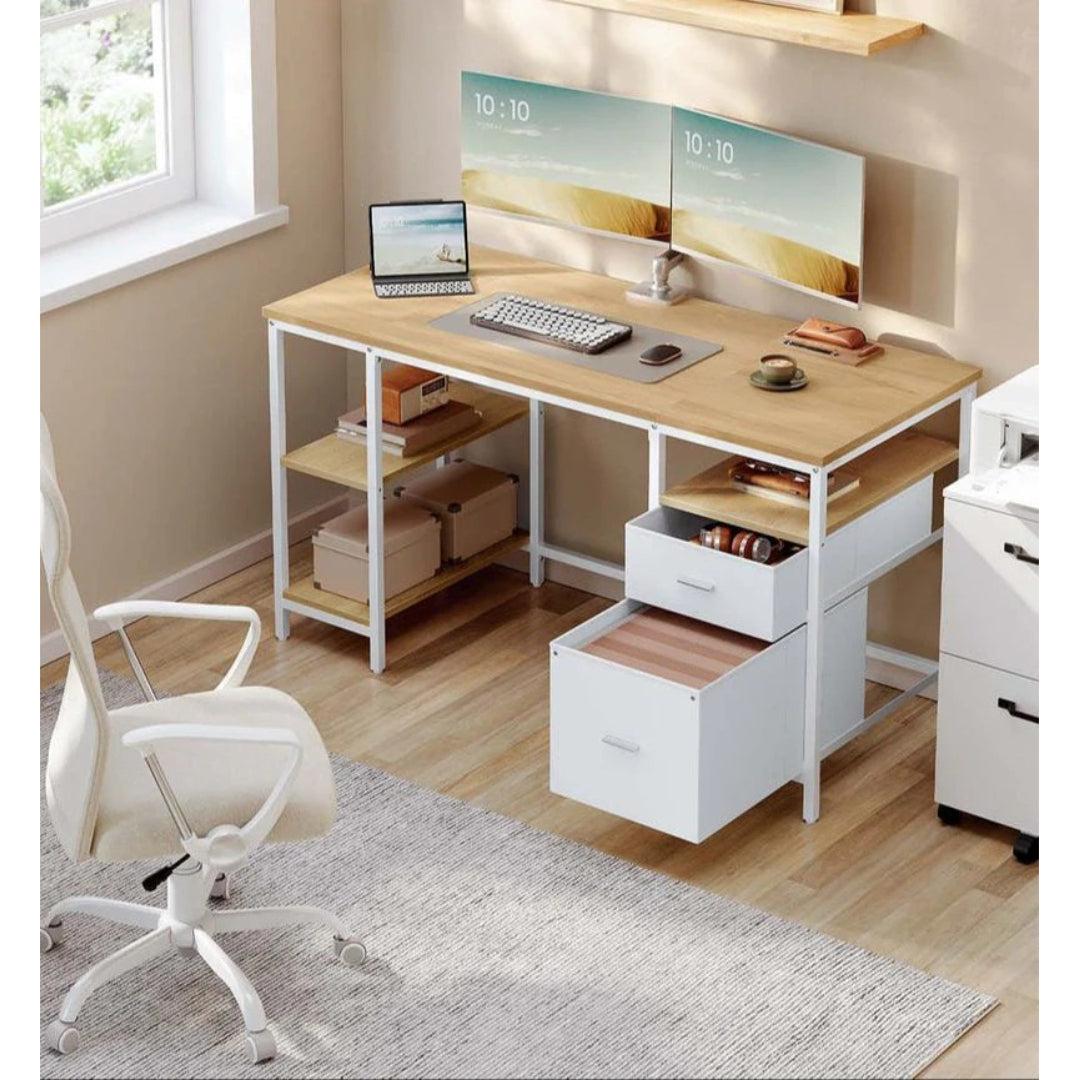 Biurko vintage z szufladami i półkami 140–160 × 60 cm, stalowa rama, płyta wiórowa, styl industrialny, nośność 50 kg