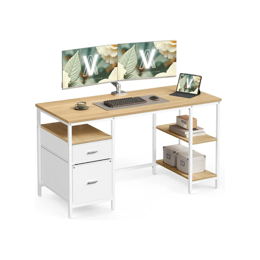 Biurko vintage z szufladami i półkami 140–160 × 60 cm, stalowa rama, płyta wiórowa, styl industrialny, nośność 50 kg