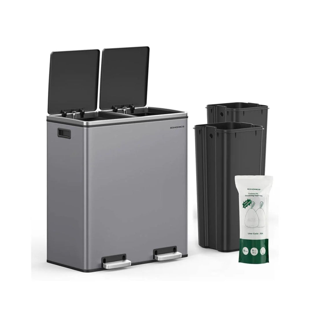 Kosz na śmieci do segregacji 2-komorowy 60 L z pedałem i pokrywą soft-close, stal nierdzewna, 59 × 32,5 × 65,2 cm