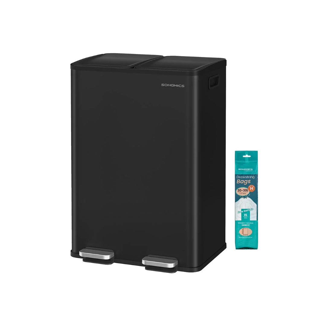 Kosz na śmieci do segregacji 2 × 30 L z pedałami i wyjmowanymi pojemnikami, stal, 47,6 × 37,7 × 66,9 cm