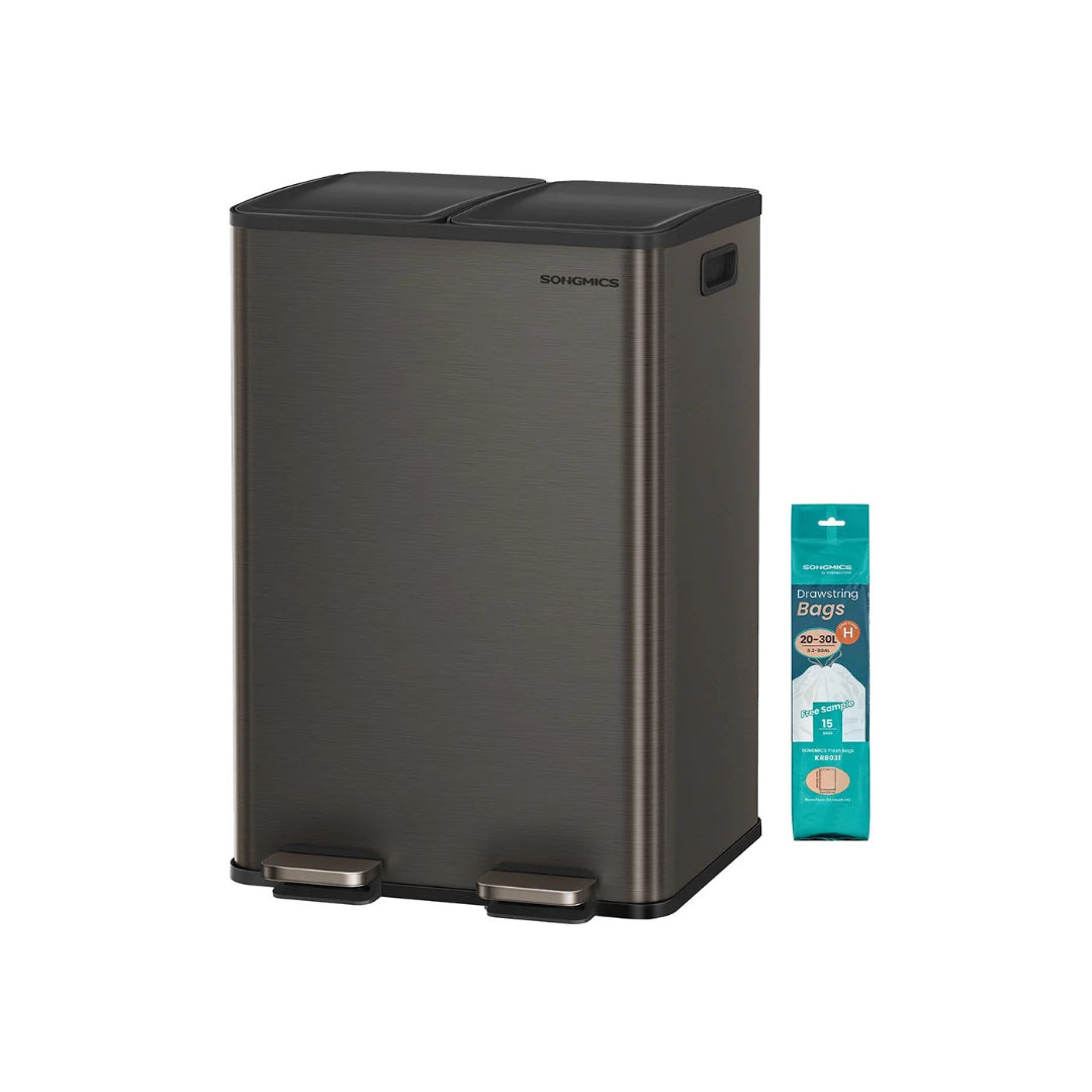 Kosz na śmieci do segregacji 2 × 30 L z pedałami i wyjmowanymi pojemnikami, stal, 47,6 × 37,7 × 66,9 cm