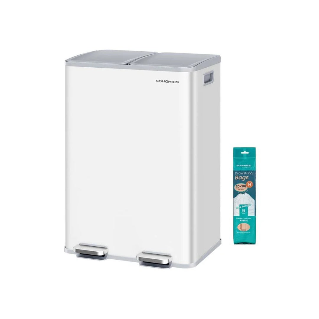 Kosz na śmieci do segregacji 2 × 30 L z pedałami i wyjmowanymi pojemnikami, stal, 47,6 × 37,7 × 66,9 cm