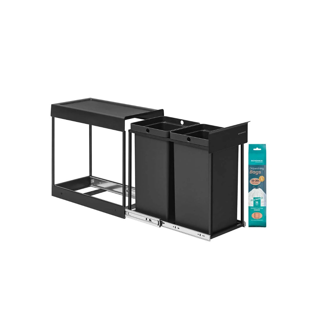 Kosz na śmieci do zabudowy wysuwany z prowadnicami, 2 komory 15–20 L, stal i ABS, 48,6 × 25,4–32,4 × 44 cm