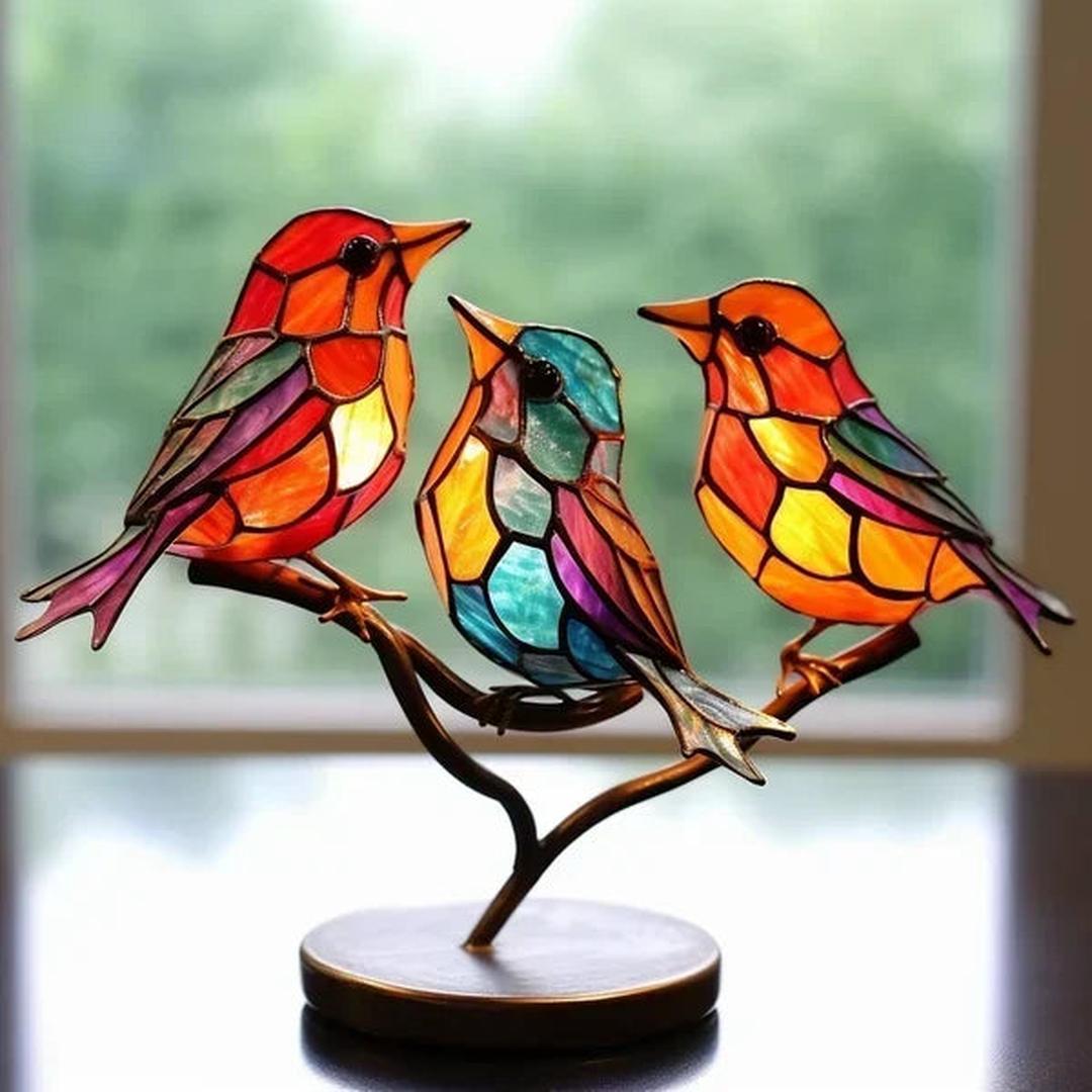 Artystyczna Lampa Stołowa Z Witrażem Z Motywem Ptaka
