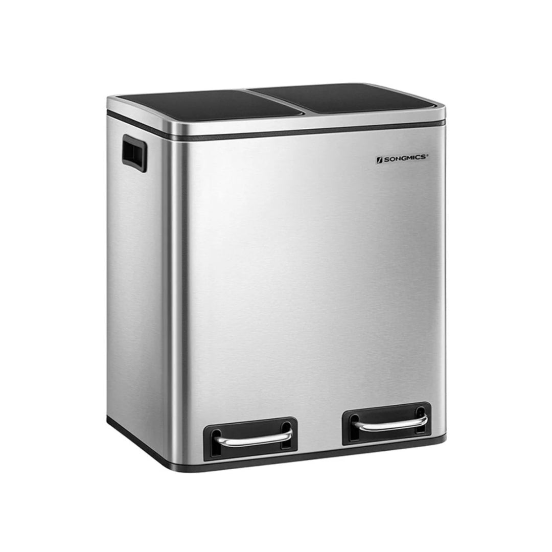 Kosz na Śmieci 30 l z Podwójnym Pedałem i Dwiema Komorami, Stal Matowa i Plastik ABS, 41 × 47 × 36 cm