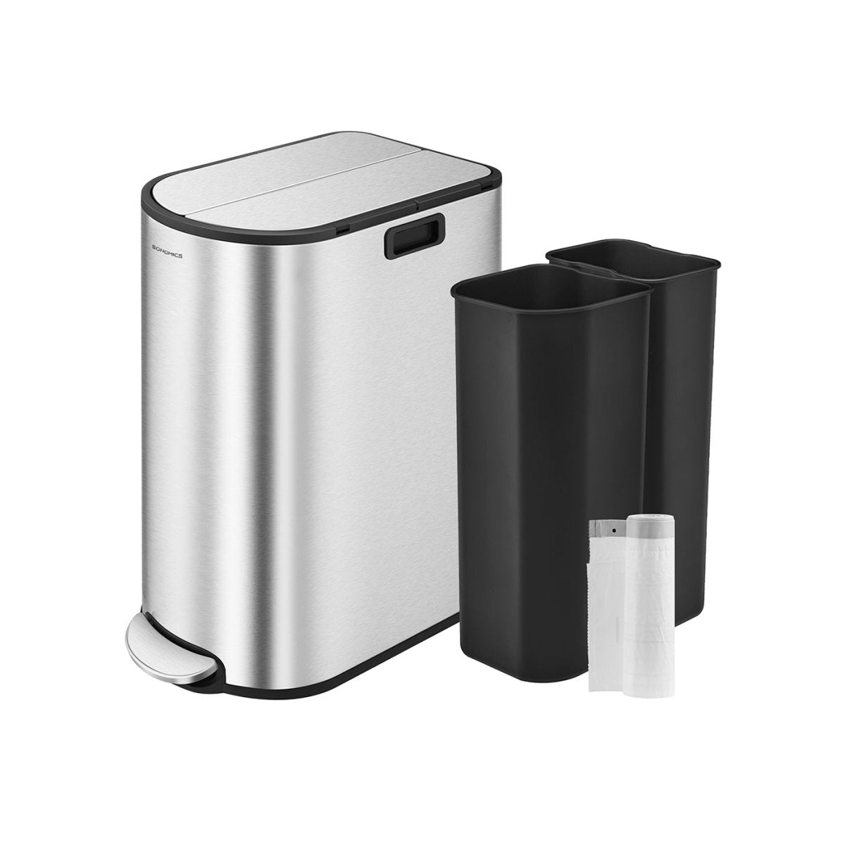 Kosz na śmieci z pedałem 2-komorowy 50L – Stalowy z cichym zamykaniem i wyjmowanymi pojemnikami