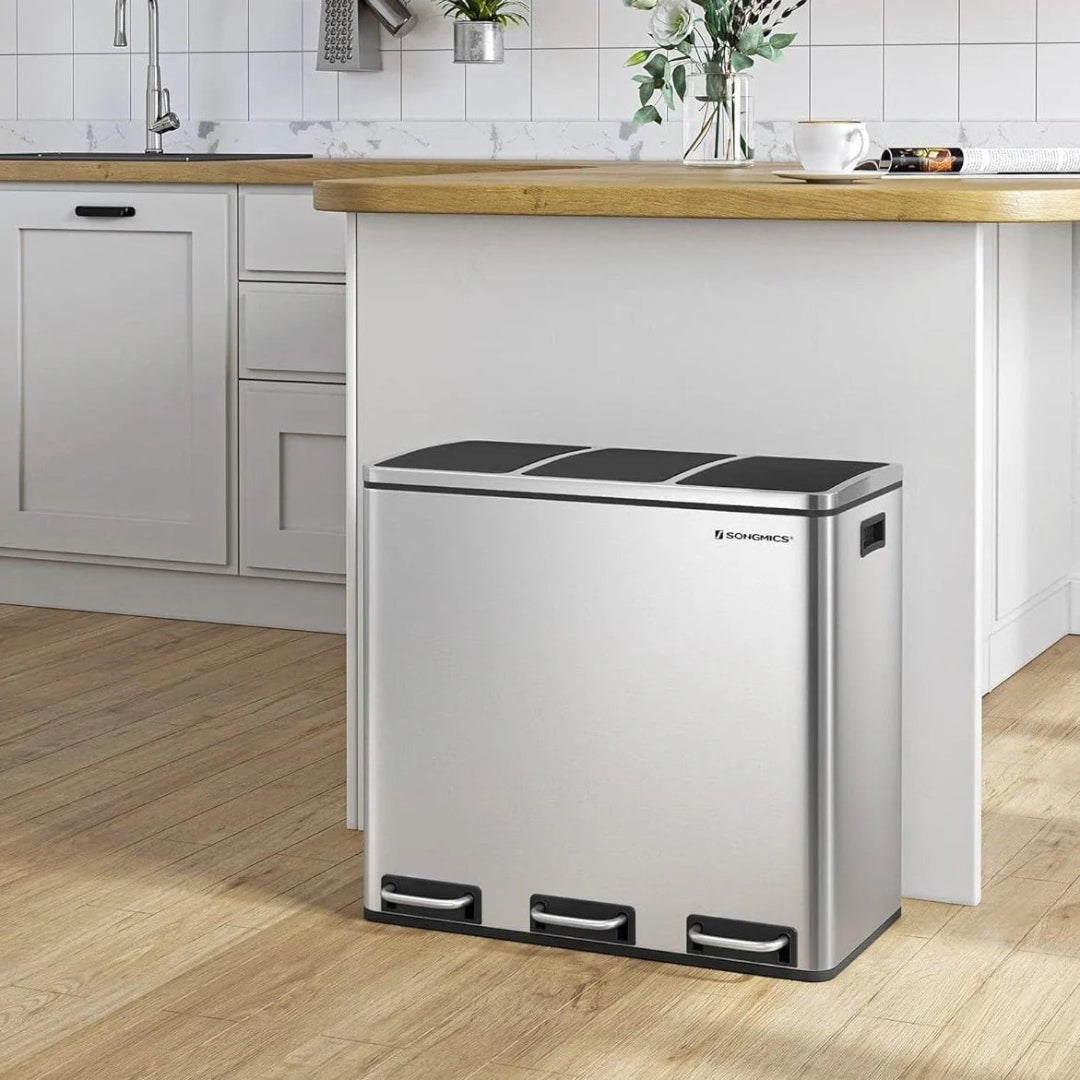 Kosz na śmieci do segregacji 54 L z pedałem, 3 komory po 18 L, stal i plastik, 61,5 × 31,5 × 56 cm