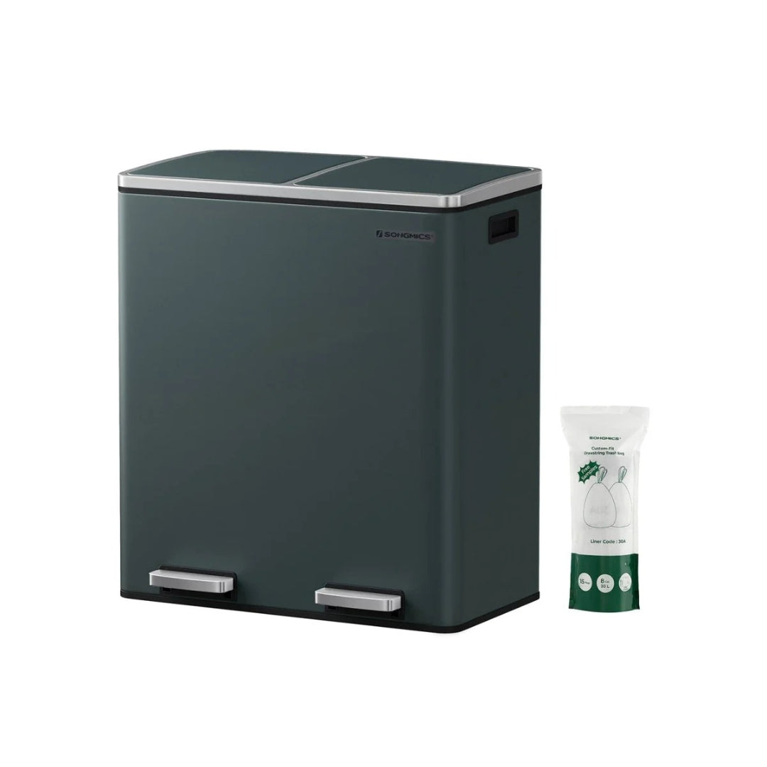 Kosz na śmieci do segregacji 2-komorowy 60 L z pedałem i pokrywą soft-close, stal nierdzewna, 59 × 32,5 × 65,2 cm